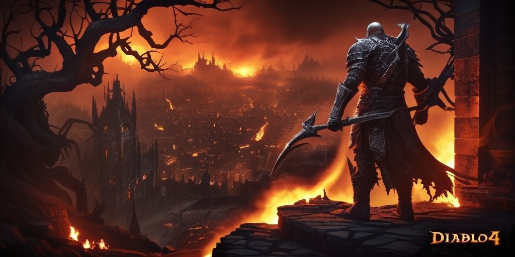 A hauntingly atmospheric scene depicting the dark fantasy world of Diablo 4, set in a rugged, gothic-inspired landscape with twisted, gnarled trees and crumbling stone architecture, bathed in a warm, fiery orange hue with flickering torches and hellish embers illuminating the dark, mist-shrouded atmosphere, with a glimpse of the imposing, silhouette of a Diablo 4 character, likely a barbarian or sorcerer, clad in intricately detailed, worn armor, standing heroically at the edge of a precipice, gazing out upon a sprawling, nightmarish cityscape, with wispy tendrils of mist curling around their legs, as if the very fabric of the world is unraveling before them.