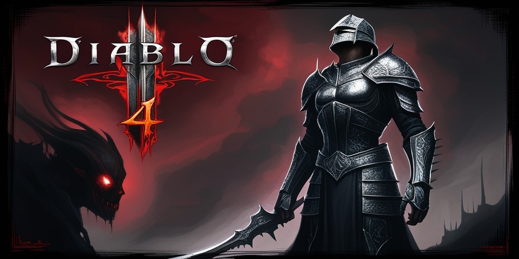 A dark, ominous illustration of Diablo 4, set against a haunting, blood-red sky with subtle, eerie mist. In the foreground, a imposing, armored figure, possibly the game's protagonist, stands tall, gazing upwards towards the heavens, their facial features obscured by a helmet with a menacing, serrated edge. The armor is a deep, dark silver, with intricate, hellish designs etched into the metal. To the left, a subtle, wispy outline of a demonic creature lurks, its eyes glowing with an otherworldly, crimson light. The image is rendered in a gritty, detailed style, with bold, dramatic brushstrokes and heavy shading, evoking a sense of dark fantasy and foreboding. The title 