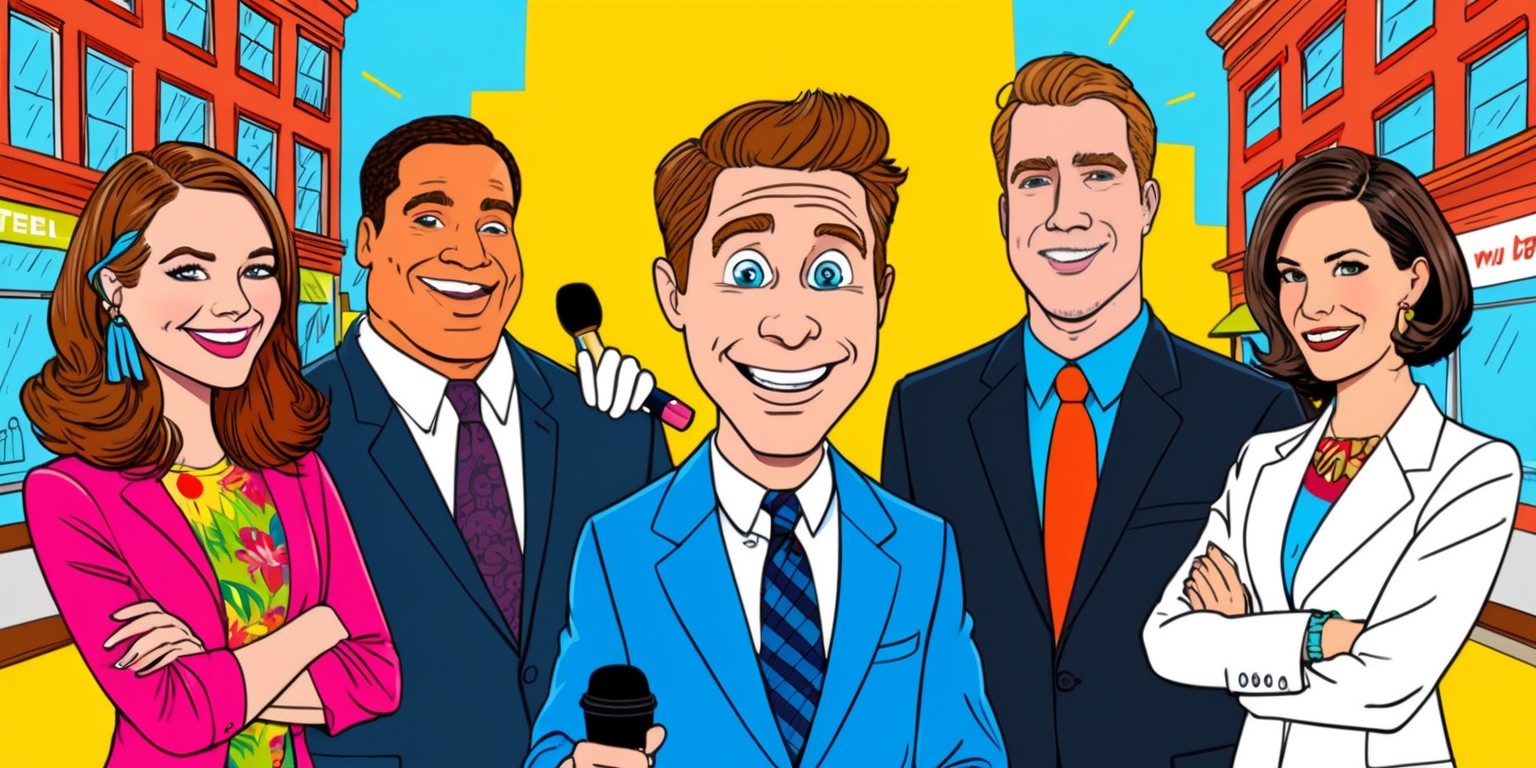 A vibrant, stylized illustration of the main cast of How I Met Your Mother, set against a warm, sunny yellow background that evokes the feeling of a New York City street. Ted Mosby, the hopeless romantic, stands center, with his signature goofy grin and bright blue eyes, dressed in a fitted blue suit and holding a microphone. To his left, Marshall Eriksen, the lovable giant, sports a cheerful smile and a casual outfit, with his arm around Lily Aldrin, the free-spirited artist, who wears a brightly colored dress and has a paintbrush tucked behind her ear. On Ted's right, Barney Stinson, the charming suit-wearing bro, gives a thumbs-up and a wink, while Robin Scherbatsky, the independent and stylish journalist, stands confidently with her arms crossed, wearing a sleek white blazer. The entire group is surrounded by subtle hints of Central Perk, their favorite hangout spot, including a few coffee cups and a couch in the background, blending seamlessly into the bright, pop-art inspired aesthetic.