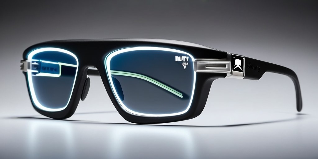 A futuristic, high-tech pair of eyewear inspired by the Call of Duty Ghost edition, with a sleek, matte black frame and silver accents, featuring intricate details such as a subtle Ghost squadron emblem on the temple, and a metallic finish that gives off a sense of rugged durability, the lenses are tinted with a slight blue-grey hue, with a subtle glow emanating from the edges, as if infused with advanced technology, the overall design exudes a sense of military-grade sophistication and cutting-edge innovation, with a hint of mystery and stealth.