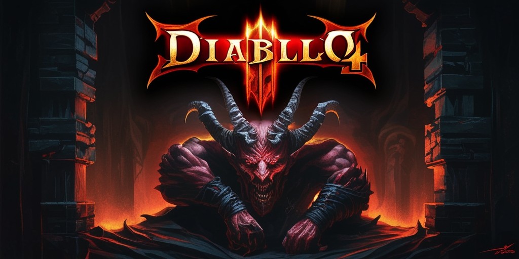 A dark and ominous illustration of the Diablo 4 game, set against a hauntingly lit, gloomy backdrop with subtle, fiery warm tones, evoking a sense of foreboding and dread. In the center, a powerful and menacing demon, perhaps the Lord of Hatred, looms large, its twisted, hellish features and razor-sharp horns rendered in exquisite, terrifying detail. The image is rich in texture, with intricate, dark stone walls, worn leather, and the eerie glow of hellish magic. The overall style is dark, gothic, and haunting, with bold, expressive brushstrokes and vivid, muted colors that seem to pulse with an otherworldly energy. The Diablo 4 logo, emblazoned in bold, fiery red, dominates the top of the image, its angular, gothic script seeming to sear itself into the viewer's retina.