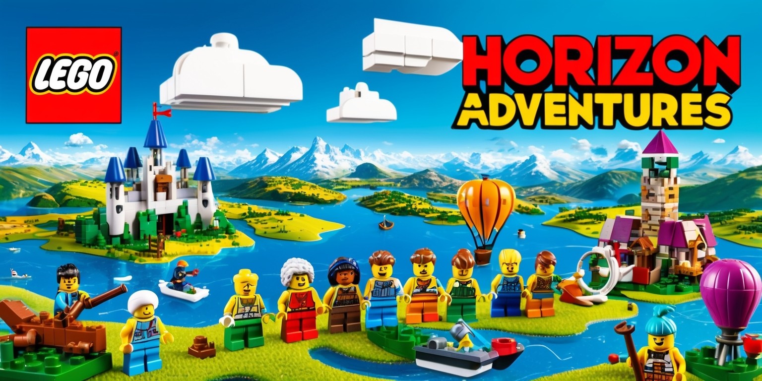 A vibrant, dynamic illustration of Lego Horizon Adventures game, set against a bright blue sky with fluffy white clouds, showcasing a sprawling Lego landscape with rolling hills, majestic mountains, and sparkling lakes. In the foreground, a diverse group of Lego minifigures, each with unique facial features and skin tones, are engaged in various adventurous activities, such as hiking, sailing, and hot air ballooning. The scene is bustling with colorful Lego structures, including a medieval castle, a modern skyscraper, and a vintage windmill, all blended seamlessly together. The overall style is playful, exaggerated, and highly detailed, with bold lines, textures, and shading reminiscent of a classic video game. The title 