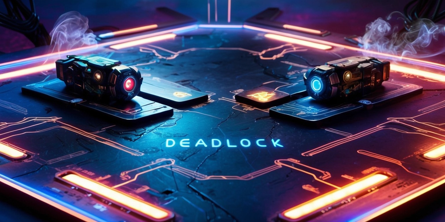 A futuristic, neon-lit game board depicting the concept of Deadlock in a cyberpunk art style, with metallic surfaces, glowing circuits, and dark, muted tones, set against a deep blue or purple background, evoking a sense of tension and competition, featuring two opposing game pieces or characters, possibly resembling robotic or robotic-human hybrids, with glowing blue or red eyes, distinctive markings, or symbols etched into their bodies, surrounded by intricate, circuit-like patterns and wires, with hints of smoke or laser beams emanating from the pieces, suggestive of an intense, high-stakes standoff, with the game board's surface scratched, worn, or damaged, hinting at the ferocity of past battles, and the entire scene bathed in a warm, pulsing glow, as if the game itself is alive and humming with energy.