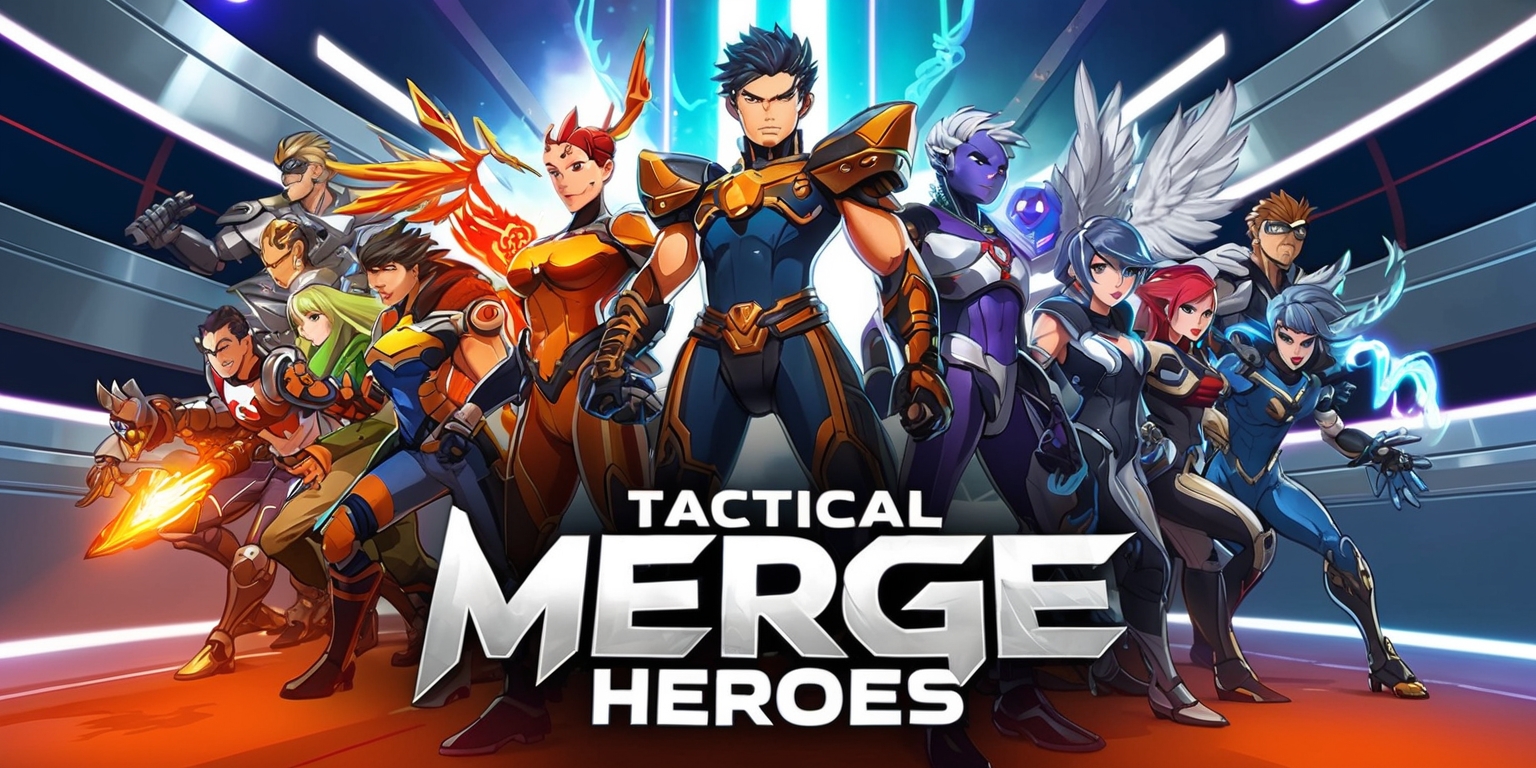 A vibrant illustration of the Tactical Merge Heroes game, featuring a diverse group of hero characters with unique designs, standing together in a dynamic formation, set against a futuristic background with metallic accents and neon lights, the heroes are depicted in various stages of evolution, with some having robotic limbs, wings, or magical auras, the color palette is a mix of bold blues, fiery oranges, and sleek silvers, with subtle gradient effects, the heroes' facial features are determined and fierce, with a range of skin tones, the game's logo is prominently displayed in a modern, metallic font, with sharp edges and a silver glow, the overall style is a blend of anime and sci-fi elements, with intricate details and textures, emphasizing the game's focus on strategic team-building, dynamic combat, and character evolution.
