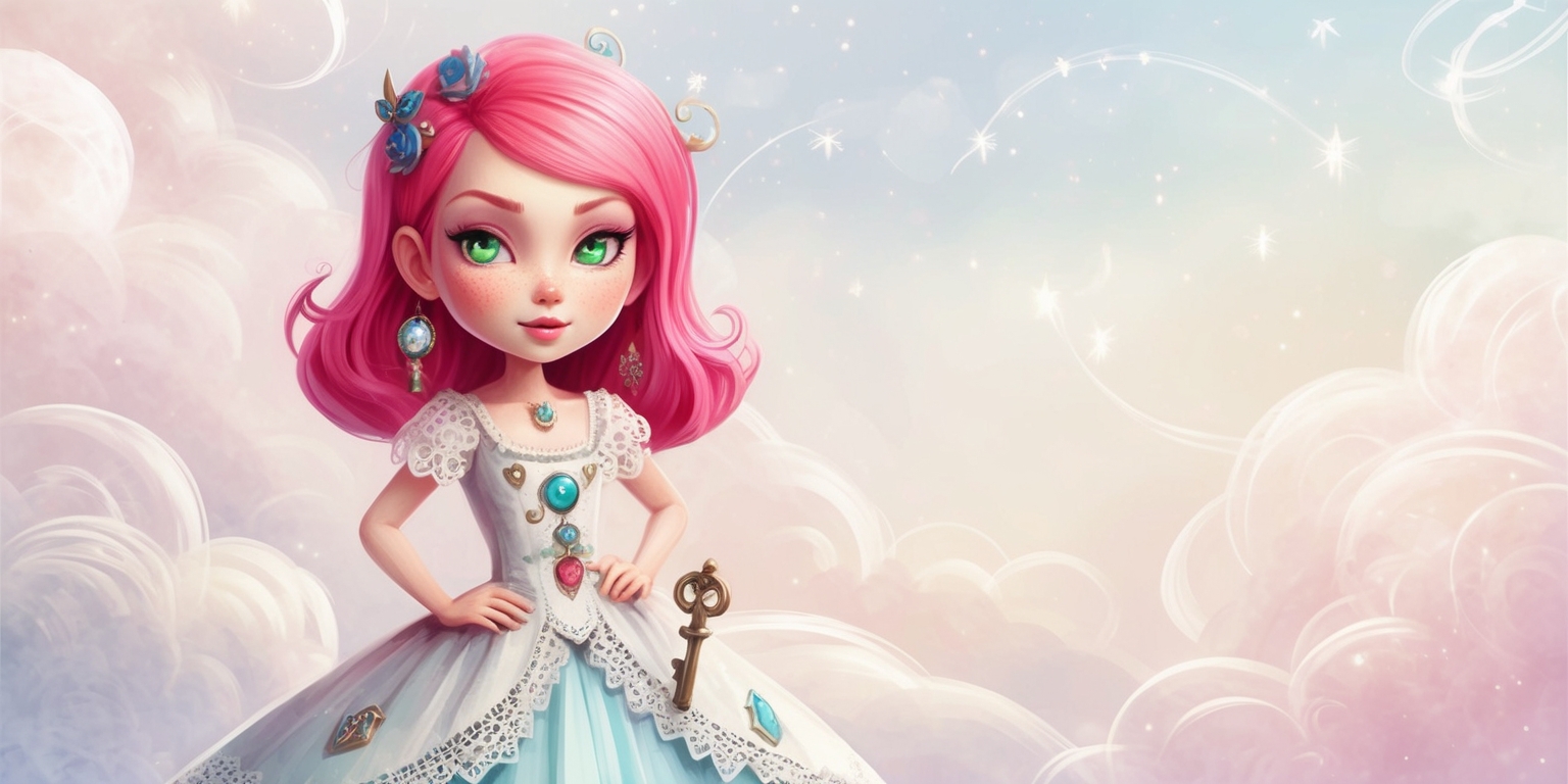 A whimsical illustration of the protagonist Nikki from the indie game Infinity Nikki, set against a dreamy, soft-focus background with swirling clouds and subtle, shimmering stars, evoking a sense of infinite possibilities. Nikki, with her striking, bright pink hair and piercing green eyes, wears a flowing white dress with intricate lace details, adorned with various badges and trinkets that shimmer with a soft, ethereal glow. Her skin has a warm, porcelain-like complexion with a subtle sheen. She stands confidently, with one hand on her hip and the other holding a delicate, ornate key, symbolizing her courage and determination. The color palette is a mix of pastel hues, with soft pinks, blues, and whites dominating the scene, giving it a gentle, wistful quality. The overall style is reminiscent of a beautiful, hand-drawn watercolor painting, with bold lines, delicate textures, and intricate details that invite the viewer to explore the fantastical world of Infinity Nikki.