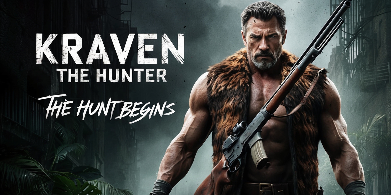 A gritty, atmospheric poster for the Kraven the Hunter movie, set against a dark, muted urban jungle backdrop with shades of grey, green, and brown, evoking a sense of foreboding and danger. Kraven, a muscular, imposing figure with a rugged, weathered complexion and piercing gaze, stands center-frame, donning his signature lionskin vest and holding a heavy rifle, his eyes fixed intently on some unseen prey. His facial features are chiseled, with a strong jawline, prominent nose, and sharp, angular cheekbones. The title Kraven the Hunter is emblazoned across the top in bold, distressed font, with the tagline The Hunt Begins etched in smaller, cursive script below. The overall aesthetic is dark, gritty, and intense, capturing the essence of the cunning, ruthless hunter.