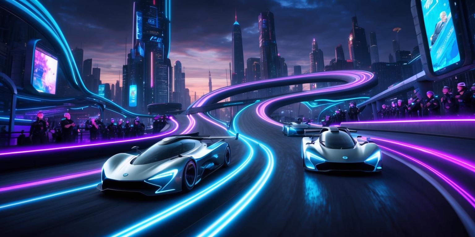 A sleek, high-tech racing game scene set in a dystopian, neon-lit cityscape at dusk, with towering skyscrapers and holographic advertisements illuminating the darkening sky, featuring a trio of futuristic, aerodynamic cars with glowing blue accents and metallic silver bodies, speeding through the winding, gravity-defying track that loops and twists through the city, as spectators in avant-garde, cyberpunk attire watch from the sidelines, their faces aglow with excitement, amidst a backdrop of shimmering, electric blue and purple hues that evoke a sense of high-speed thrills and cutting-edge technology.
