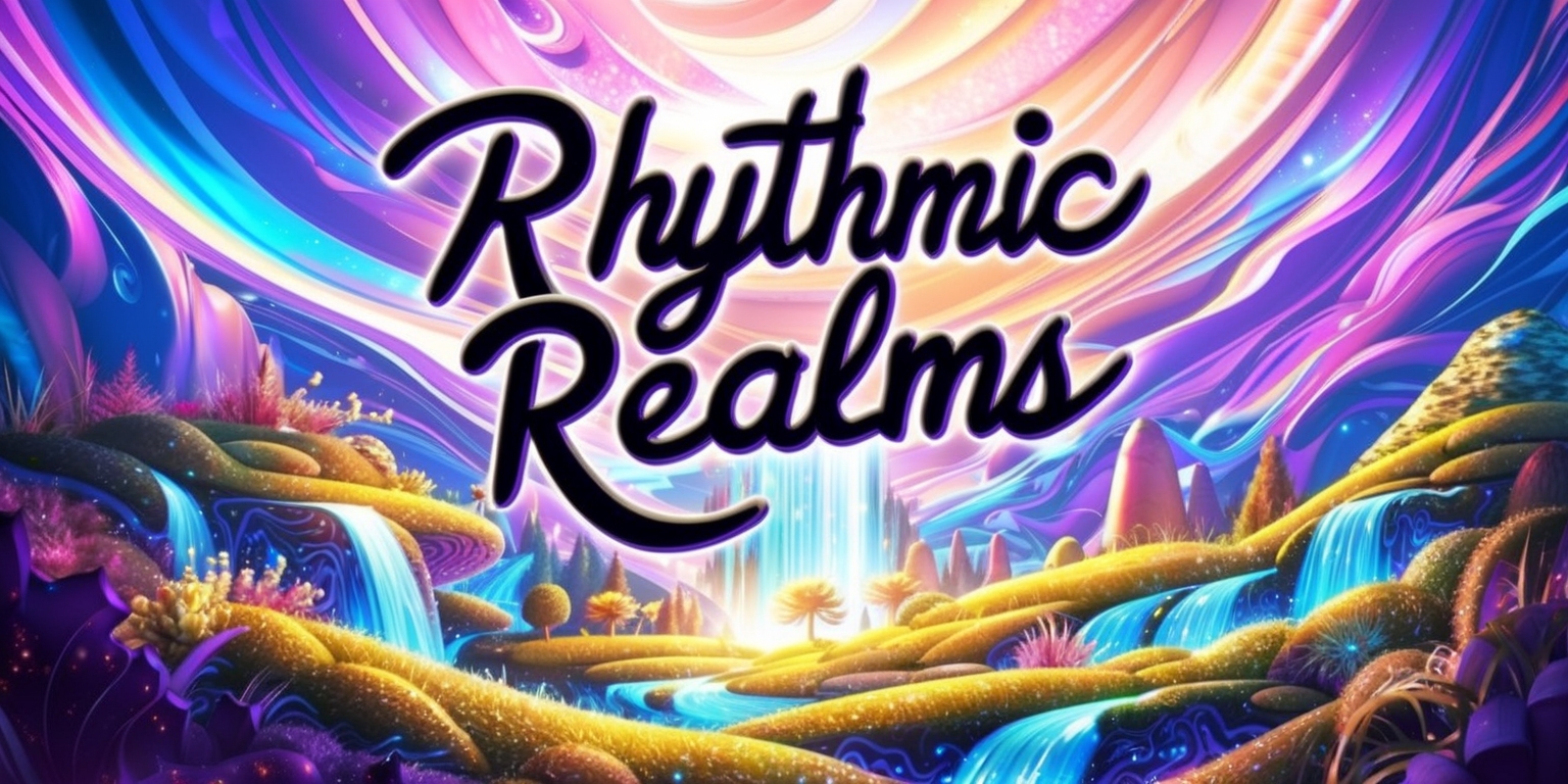 A vibrant, dreamlike illustration of the Rhythmic Realms game, set against a swirling backdrop of iridescent purples, blues, and golds, evoking a sense of enchantment and musical harmony. In the foreground, a fantastical realm unfolds, with undulating hills, shimmering waterfalls, and lush vegetation, all infused with a rhythmic energy. The game's title, Rhythmic Realms, is emblazoned across the top of the image in bold, cursive script, with letters that seem to dance and pulse in time with the music. The overall aesthetic is a fusion of fantasy and abstract art, with intricate patterns and shapes that evoke the idea of sound waves and musical frequencies. The atmosphere is one of wonder and magic, as if the viewer has stumbled upon a hidden world where music reigns supreme.
