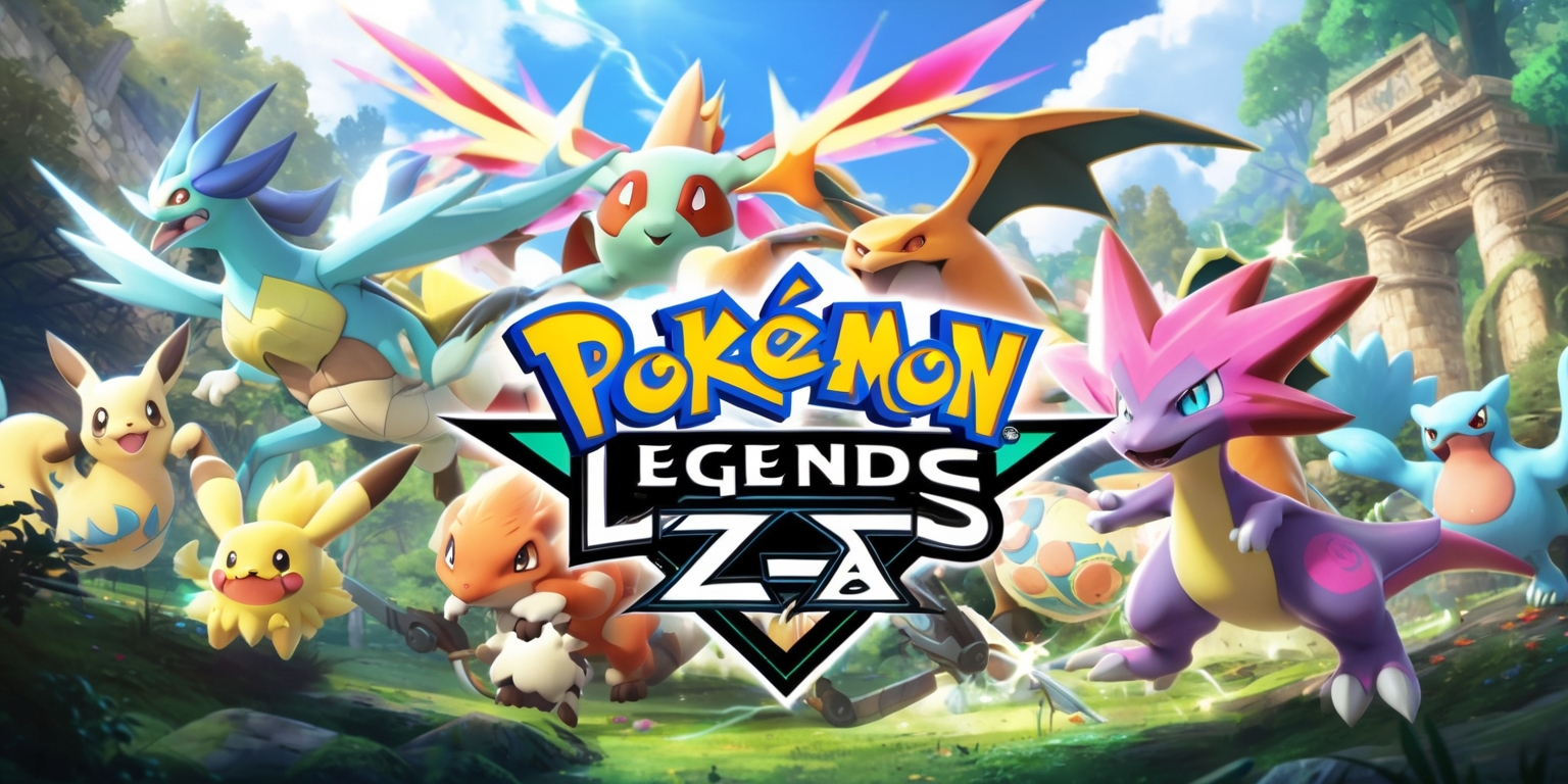 A vibrant, action-packed scene from Pokémon Legends: Z-A game, featuring a dynamic battle between various Pokémon, with a mix of earthy tones and bright, pastel colors, set against a backdrop of lush forests and ancient ruins, with intricate details on the Pokémon's textures and expressions, and the game's logo prominently displayed in a bold, modern font with a metallic sheen, in a widescreen layout with a slight lens flare effect, capturing the intensity and adventure of the game, with each Pokémon uniquely designed and posed to showcase their distinct characteristics and abilities.