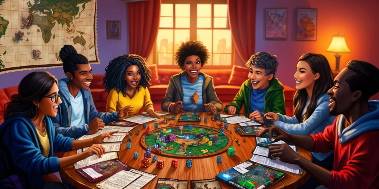 A vibrant Dungeons & Dragons game scene set in a cozy living room with a large wooden table at its center, surrounded by five players of diverse ages and ethnicities, each with unique facial features and hairstyles, engaged in an intense game, with a plethora of colorful dice, character sheets, and rulebooks scattered across the table, a large open world map hanging on the wall behind them, and a faint glow emanating from a nearby lamp, casting a warm light on the players' excited faces, with a mix of excitement and focus, as they navigate through a fantasy realm filled with magic, mythical creatures, and legendary quests, the atmosphere is electric with anticipation and camaraderie.