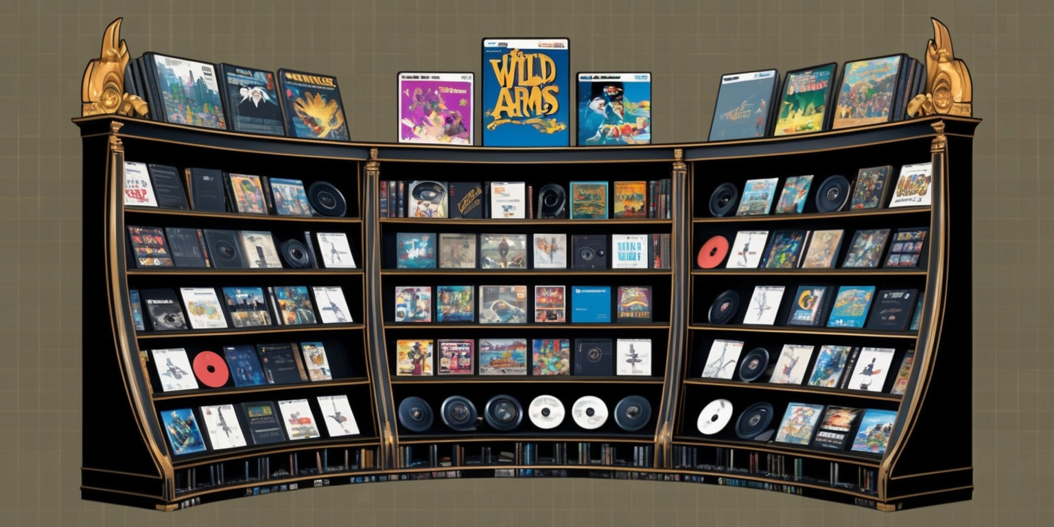 A stunning digital illustration showcasing a nostalgic and modern blend of PlayStation RPGs, set against a warm, dark grey background with subtle, grid-like textures. In the foreground, a sprawling, curved bookshelf filled with game cases, CDs, and vinyl records of iconic PlayStation RPGs such as Final Fantasy, Wild ARMs, and Lunar. The selection of games is eclectic, with some titles facing forward and others turned sideways, creating a sense of depth and visual interest. The bookshelf itself is made of dark wood, adorned with golden accents and ornate carvings, evoking a sense of fantasy and adventure. At the top of the bookshelf, a few choice games are stacked horizontally, with their titles and logos prominently displayed in bold, vibrant colors. The overall aesthetic is reminiscent of a retro gaming magazine cover, with bold lines, vivid colors, and a sense of nostalgia and wonder.