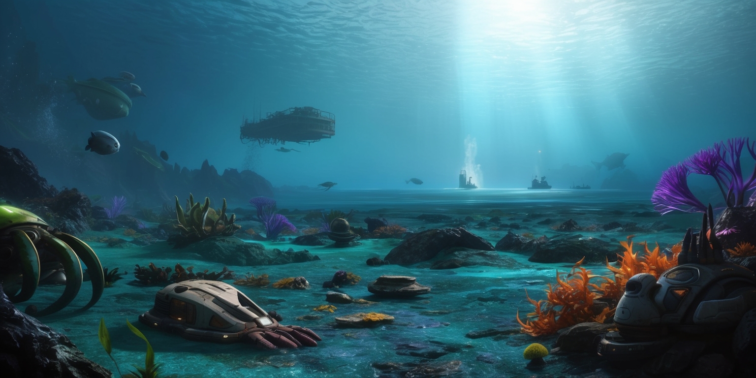 A futuristic underwater scene from Subnautica 2 game with a vast oceanic landscape, featuring a variety of exotic alien sea creatures and underwater flora, set amidst a backdrop of eerie blue-green waters with sunlight barely penetrating the surface, a few scattered remnants of an ancient alien technology lie on the seafloor, with a distant silhouette of a player's underwater vehicle, the color palette is predominantly blue and green with accents of vibrant purple and orange, the style is reminiscent of a sci-fi video game with intricate details and realistic textures, the layout is wide and expansive with the horizon line at the top third of the image, framing the scene with a few floating debris and seaweed in the foreground.