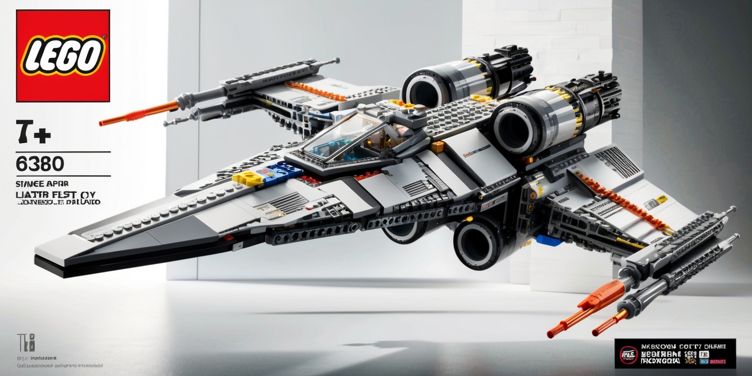 A highly detailed Lego spaceship set with intricate design and engineering details, featuring a sleek and futuristic aesthetic, against a clean and minimalistic background, with a mix of bright and muted colors, and a sense of depth and dimensionality, incorporating various textures and shapes, and showcasing its collectible value and ties to cultural and narrative legacies, with a clear and prominent display of the Lego logo and branding, and a promotional text overlay with a bold and modern font style, highlighting the discounted price and limited edition status, with a subtle gradient effect and shadowing to enhance the overall visual appeal.