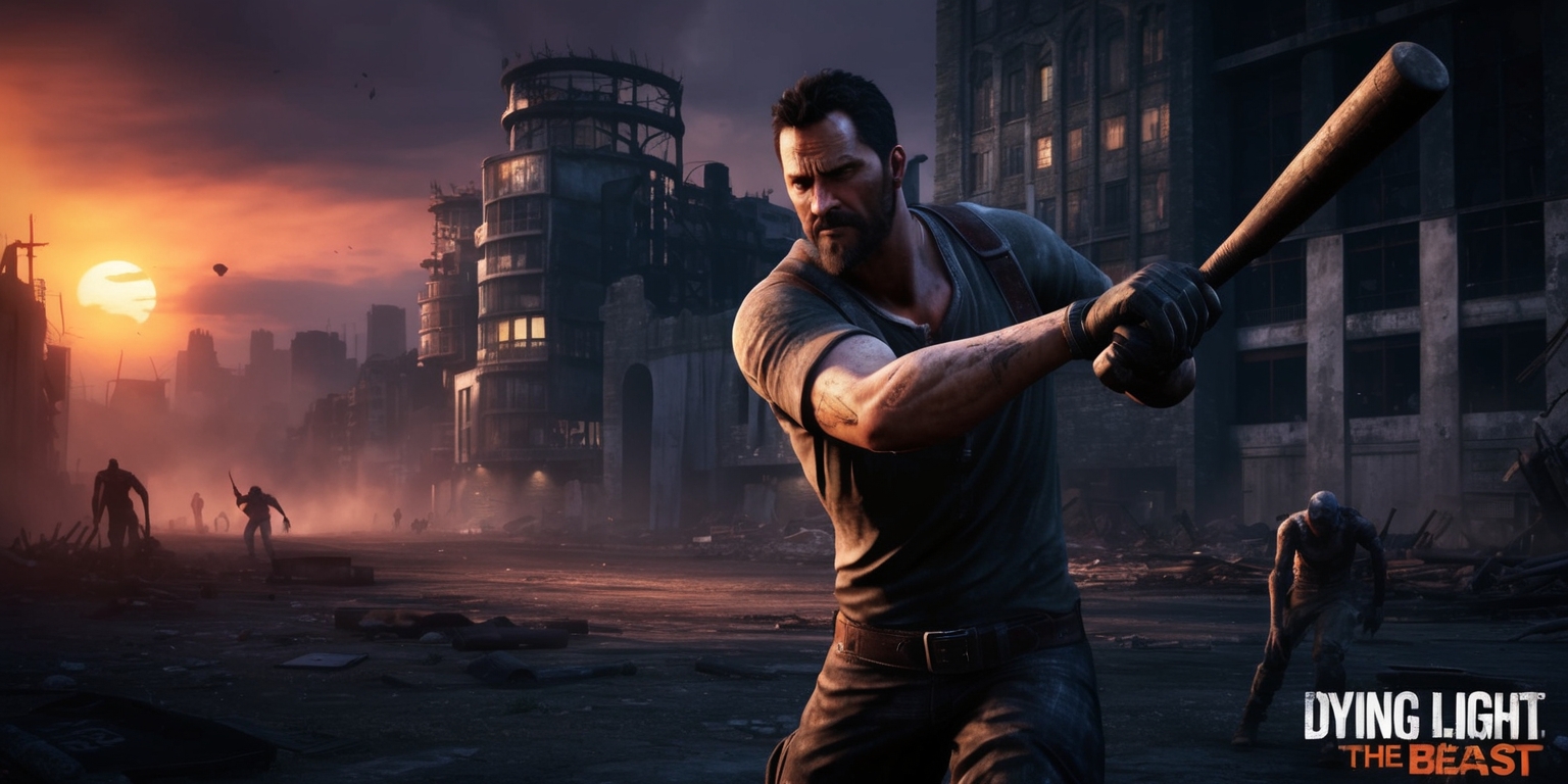 A gritty post-apocalyptic scene from Dying Light: The Beast game, set in a dark and abandoned cityscape with a mix of modern and medieval architecture, featuring a male protagonist with a determined expression, athletic build, and worn clothing, wielding a sturdy melee weapon, such as a baseball bat or a sword, with a few stray zombies lurking in the background, under a ominous orange and purple sunset sky with a hint of mist, the atmosphere is tense and foreboding, with a focus on survival and intensity, the color palette is predominantly dark and muted, with flashes of warm light from the setting sun, the overall style is a blend of horror and action, with a dynamic composition and a shallow depth of field, emphasizing the protagonist's rugged features and the brutal surroundings.