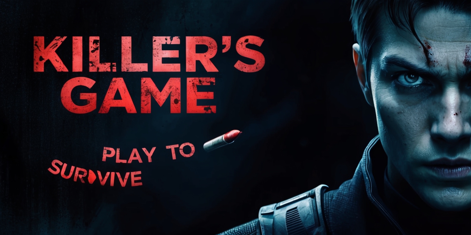 A cinematic poster for the movie Killer's Game featuring a gritty, high-contrast design with bold fonts and intense colors, set against a dark, ominous background that evokes a sense of tension and foreboding. In the foreground, a close-up of a mysterious figure, likely the protagonist, with a determined expression, piercing eyes, and chiseled features, dressed in dark attire that blends with the shadows. The title Killer's Game dominates the top of the poster in blood-red, metallic letters with a distressed, worn look, while the tagline Play to Survive is written in smaller, gritty text at the bottom, curved around a stylized image of a game piece or bullet. The overall aesthetic is dark, gritty, and suspenseful, hinting at the intense, cat-and-mouse gameplay and high-stakes action of the movie.