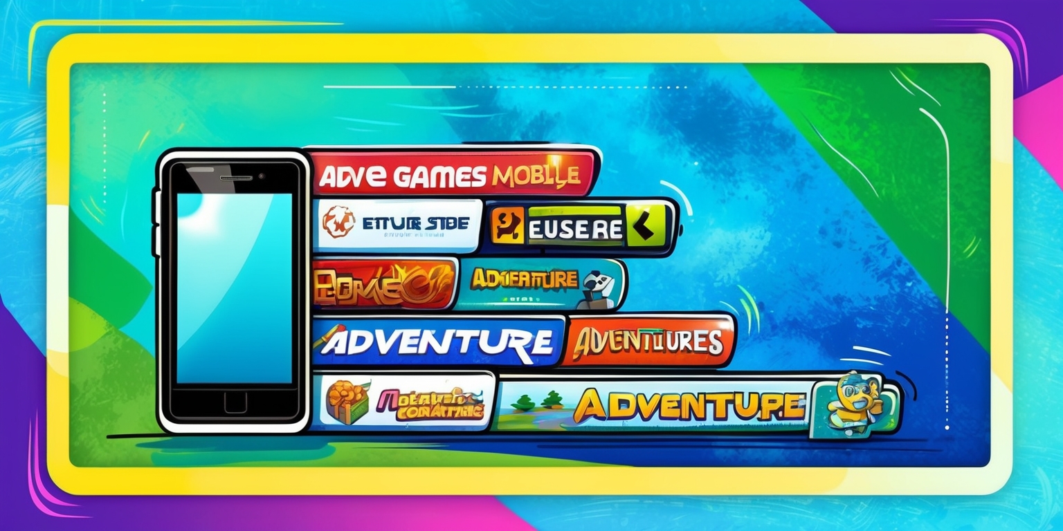 A colorful, digital illustration featuring a vibrant background with a mix of blue and green hues, evoking a sense of adventure and exploration. In the center, a stylized, modern smartphone with a gleaming screen displays a list of popular mobile adventure games, with game titles and logos in bold, bright fonts, and eye-catching icons. The games' names are arranged in a curved line, resembling a winding road, symbolizing the journey and excitement of mobile gaming. The overall style is playful, dynamic, and youthful, with subtle textures and gradients adding depth and visual interest. The illustration is framed by a thin, white border, with a subtle drop shadow effect to give it a sense of depth and dimensionality.