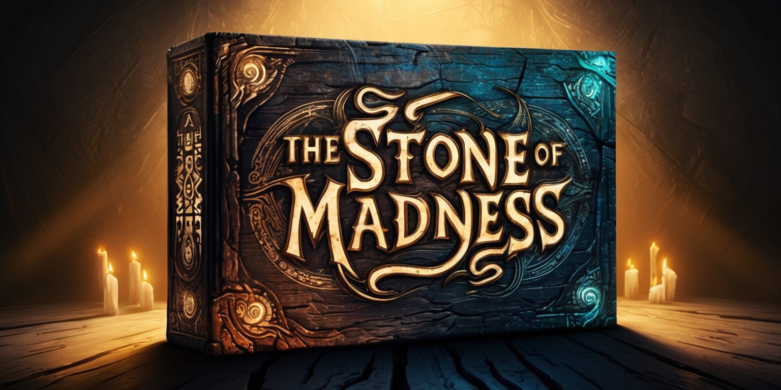 A mystical, ancient-looking game box for The Stone of Madness adorned with intricate, swirling patterns and cryptic symbols etched into its worn, wooden surface, which has a subtle, distressed texture, evoking a sense of aged wisdom and forgotten knowledge, set against a dark, muted background with warm, golden lighting that casts long, ominous shadows, as if lit by flickering candles, with the game's title emblazoned in bold, curved, Victorian-inspired typography with ornate, serpentine flourishes, in a font that appears both antique and unsettling, dominating the central portion of the box, surrounded by strange, glow-in-the-blue-dark accents that hint at the madness that lies within.