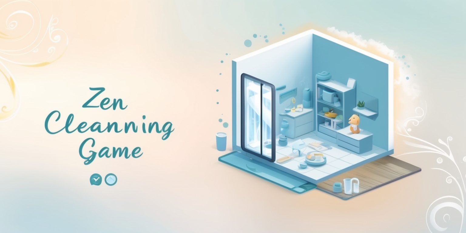 A serene and minimalist digital illustration of a Zen Cleaning game scene, featuring a cluttered room transforming into a tidy space, with gentle, soothing colors such as light blues and whites, and a stylized, modern layout, including a few serene facial expressions of satisfaction and calmness from the game's characters, with smooth, subtle animations and elegant typography for the game's logo and user interface elements, set against a soft, gradient background that evokes a sense of tranquility and organization, with a warm, inviting glow and delicate, swirling patterns that evoke a sense of movement and serenity.