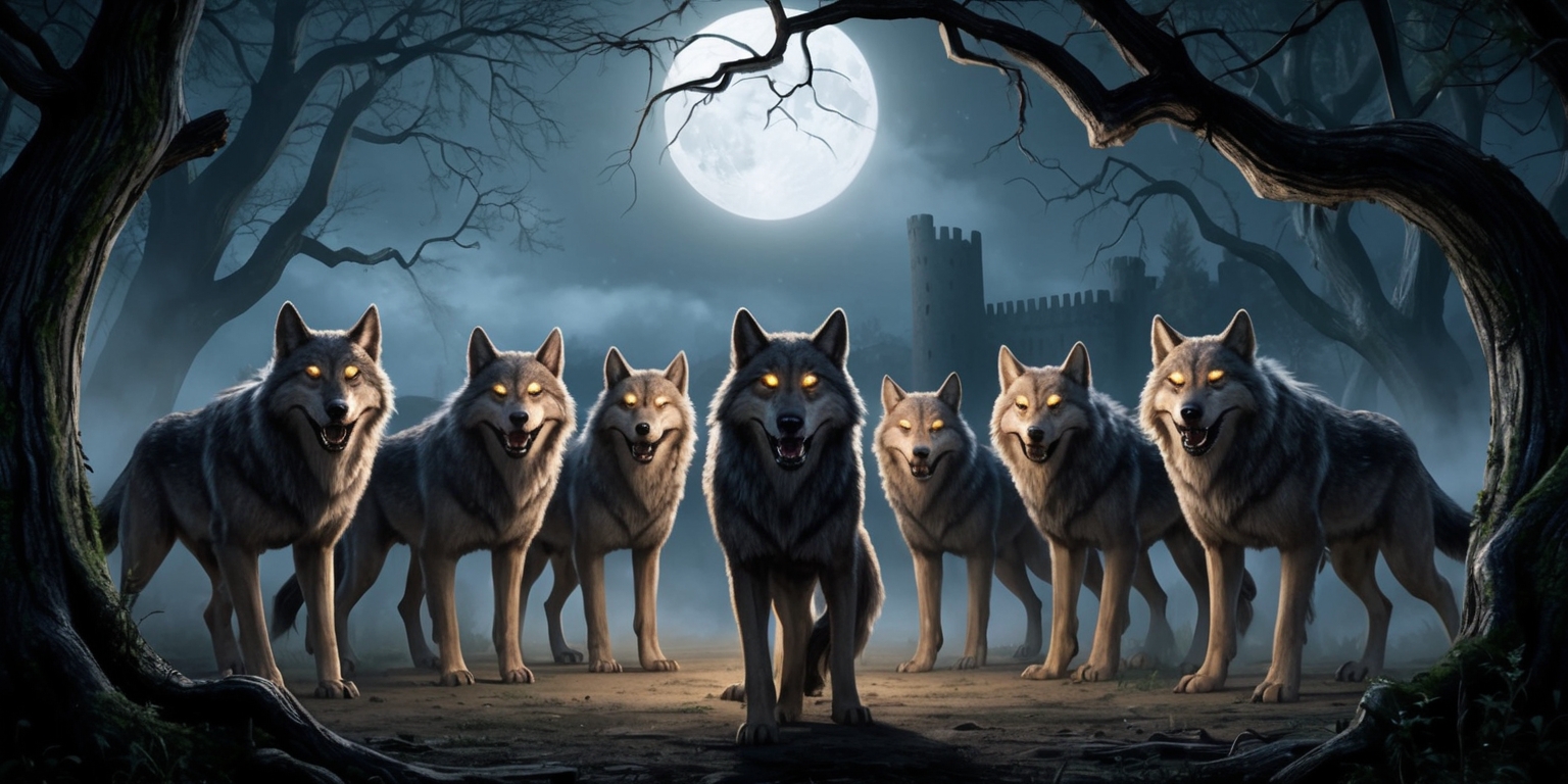 A moonlit forest scene with a group of charismatic werewolves, their fur a mix of grays and browns, eyes glowing yellow in the dark, standing in a semicircle around a foggy clearing, surrounded by towering trees with gnarled branches, the atmosphere tense with a sense of foreboding, the creatures' facial features a balance of human and beast, with sharp teeth and pointed ears, their postures a blend of menace and vulnerability, the overall mood dark and mystical, with hints of mist and moonbeams casting an eerie glow, and in the background, subtle hints of a medieval village or castle, suggesting a centuries-old conflict between humans and werewolves.