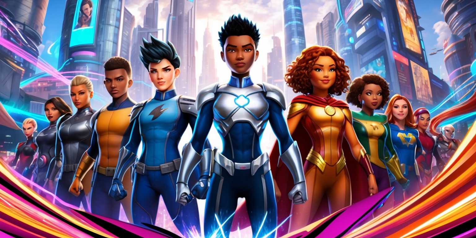 A vibrant, dynamic illustration of a fantastical cityscape, embodying the essence of the Omniheroes game, with a diverse cast of superheroes standing united against a backdrop of towering skyscrapers, bustling streets, and sleek, advanced technology. The heroes, each with unique abilities and styles, showcase a range of skin tones, facial features, and hairstyles, exuding confidence and determination. One hero, with short, spiky black hair and piercing blue eyes, wears a sleek silver and blue armor suit, while another, with curly brown hair and warm, golden skin, sports a flowing cape and a gentle, compassionate smile. The cityscape itself is alive with color, from the neon lights of towering billboards to the glowing, ethereal energies emanating from the heroes' powers. In the foreground, bold, graphic lines and textures evoke a sense of energy and movement, drawing the viewer into the heart of the action.