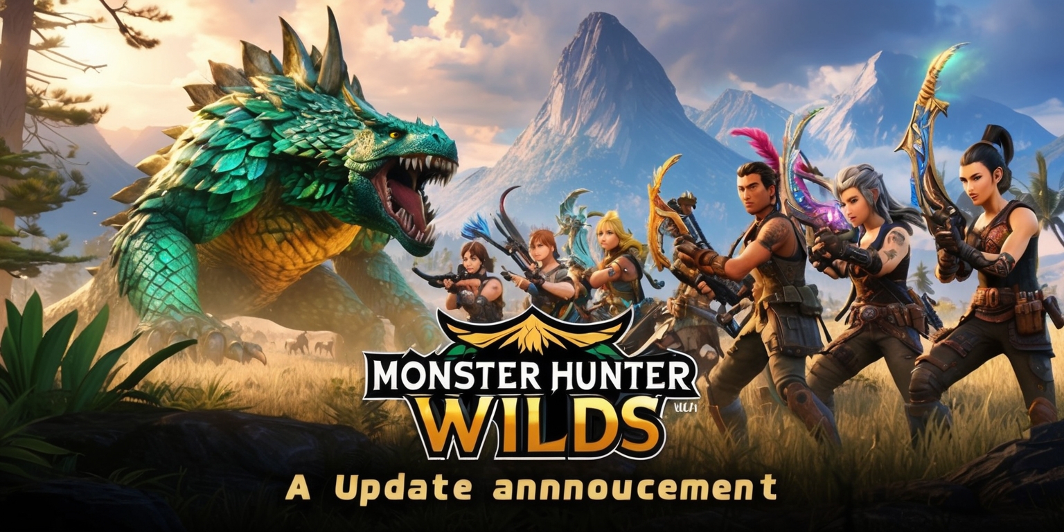 A vibrant and action-packed scene depicting a dramatic update announcement for the Monster Hunter Wilds game, set against a backdrop of a vast, open wilderness with towering trees and majestic mountains, featuring a colossal monster in the foreground, its scales glistening in shades of emerald green and amber, with a group of brave hunters in the distance, equipped with an array of intricate and colorful weapons, their facial features determined and strong, with varied skin tones and unique attributes, such as distinctive tattoos and hairstyles, as they prepare to face the monstrous creature, with the game's logo prominently displayed in bold, golden lettering, accompanied by a tagline written in a modern, curved font, with the entire scene bathed in a warm, golden light, evoking a sense of excitement and adventure.