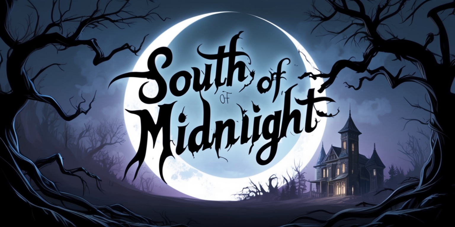 A dark, mysterious, and atmospheric illustration of a fictional video game titled South of Midnight, set against a backdrop of a haunting, crescent moonlit night sky with subtle, gradient blue and purple hues, evoking a sense of foreboding and wonder. The game's logo, a stylized, cursive font with eerie, glowing accents, takes center stage, surrounded by wispy, tendrillike mist and twisted, gnarled tree branches that seem to reach out from the shadows. In the distance, a faint, flickering light emanates from an old, abandoned mansion, its turrets and spires reaching towards the moon like skeletal fingers. The overall mood is one of eerie suspense, inviting the viewer to step into the unknown world of South of Midnight.