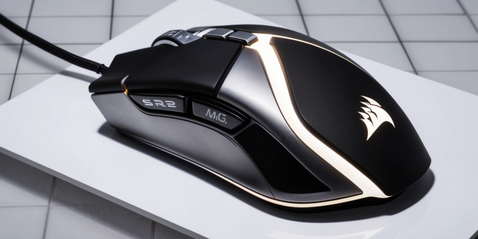 A high-resolution photo of the Corsair Sabre V2 Pro Wireless MG gaming mouse, showcasing its sleek and ergonomic design, with a mix of matte and glossy finishes, and a prominent Corsair logo in a metallic silver color, the mouse's contours and curves are accentuated by subtle lighting, highlighting its 18,000 CPI optical sensor, eight programmable buttons, and durable Omron switches, the mouse is positioned on a clean and minimalist background, with a faint grid pattern, allowing the mouse to be the main focus, the colors are vibrant and true to life, with the mouse's primary colors being a combination of black, gray, and silver, and the overall aesthetic is modern, sleek, and futuristic, capturing the essence of a high-performance gaming mouse.